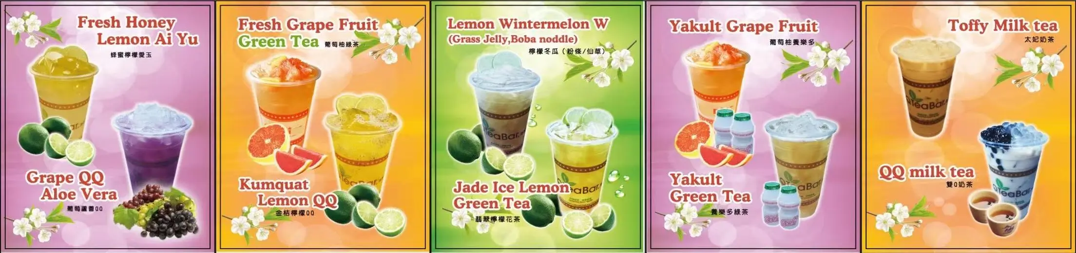 QTea-Bar-Milk-Tea-&-Ice-Cream-Shop-Assorted-Fruit-Tea-&-Milk-Tea-Collection-Oakland Assorted Fruit Tea & Milk Tea Collection - A variety of fruit teas and milk teas with different flavors at QTea Bar, a Milk Tea & Ice Cream Shop in Oakland